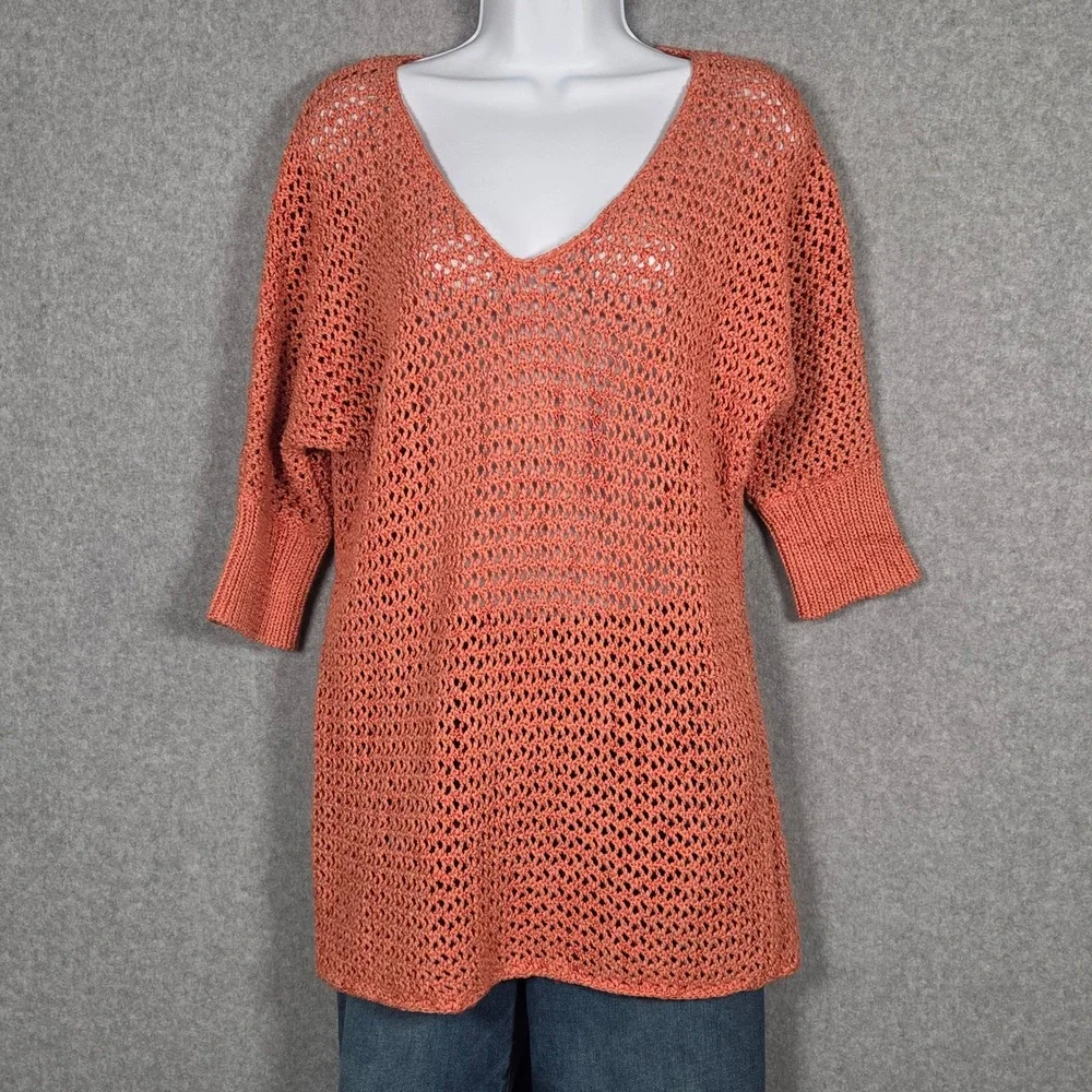 Sundance Women XS Crochet Open Knit V-Neck Sweater Tunic Coral Fisherman Chunky